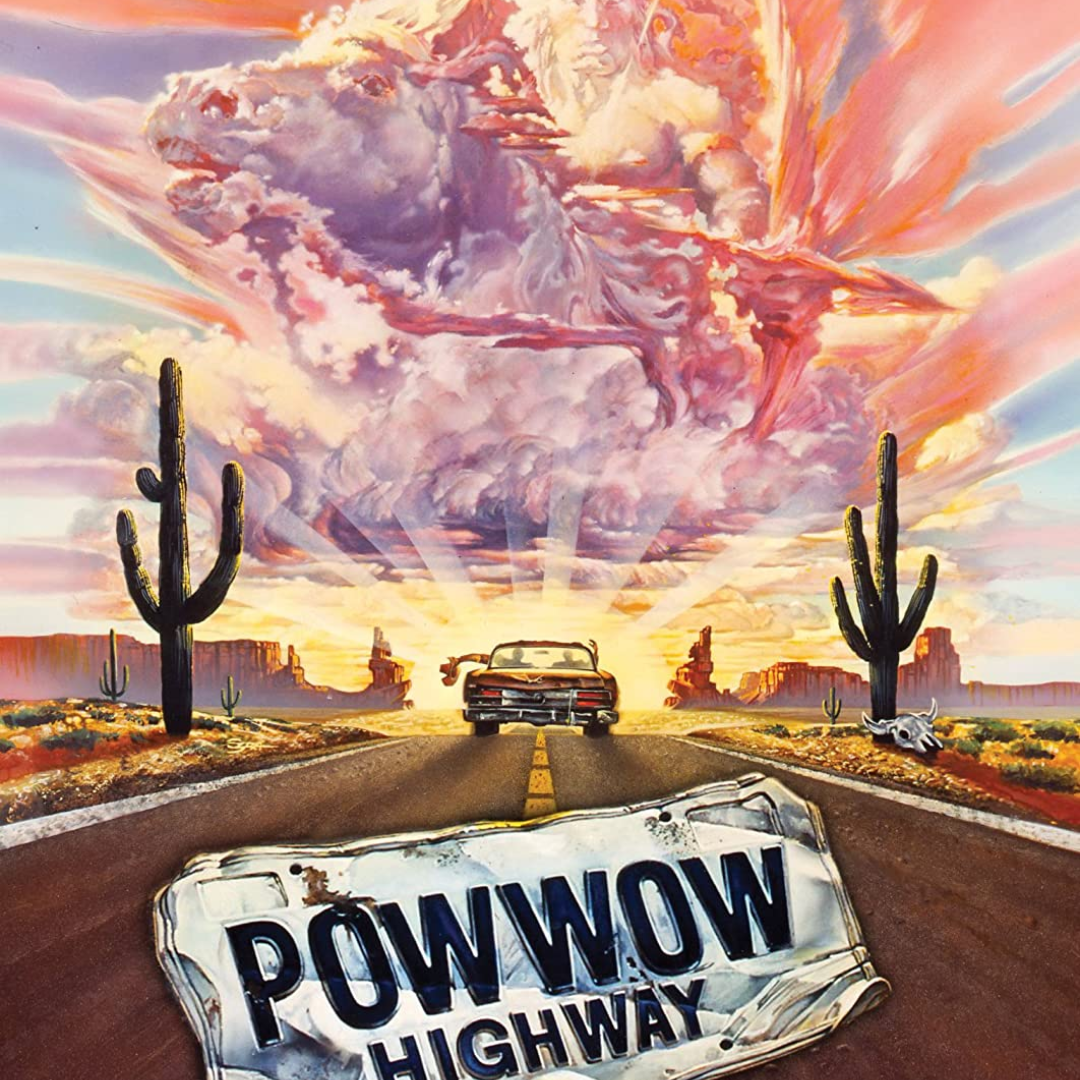 cover of the movie Powwow Highway. A car on a desert road driving into a sun set made of of clouds that look like a horse and rider