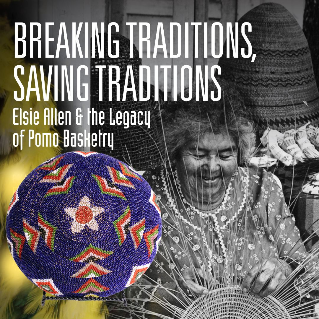 Black and white picture of Elsie Allen happily working on her basketry